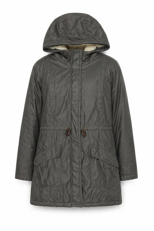 Front view of White Stuff Women’s Green Cotton Parka Coat, size UK 10, Hooded Mid-Length