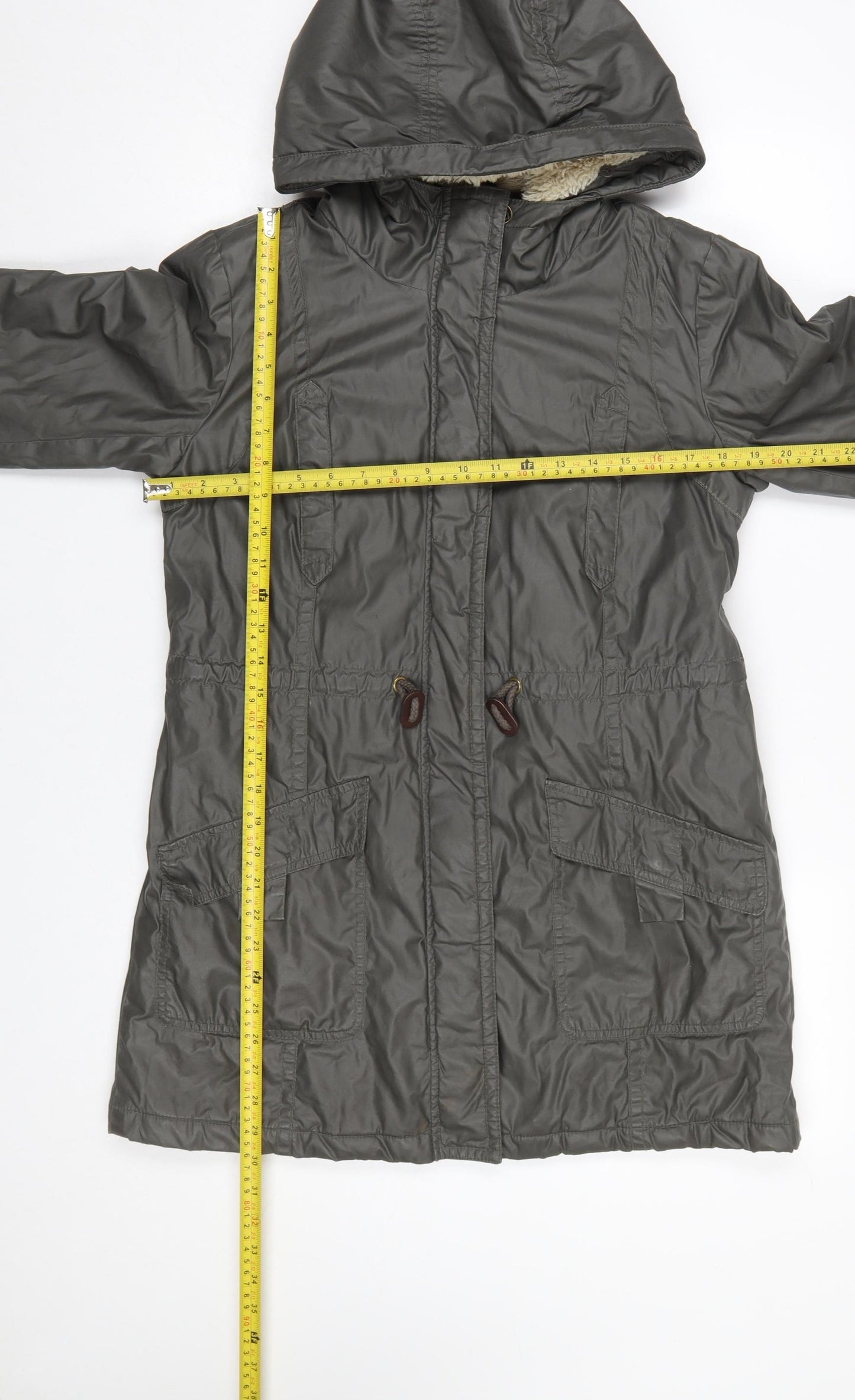 White Stuff Women’s Green Cotton Parka Coat Size 10 Hooded Mid-Length