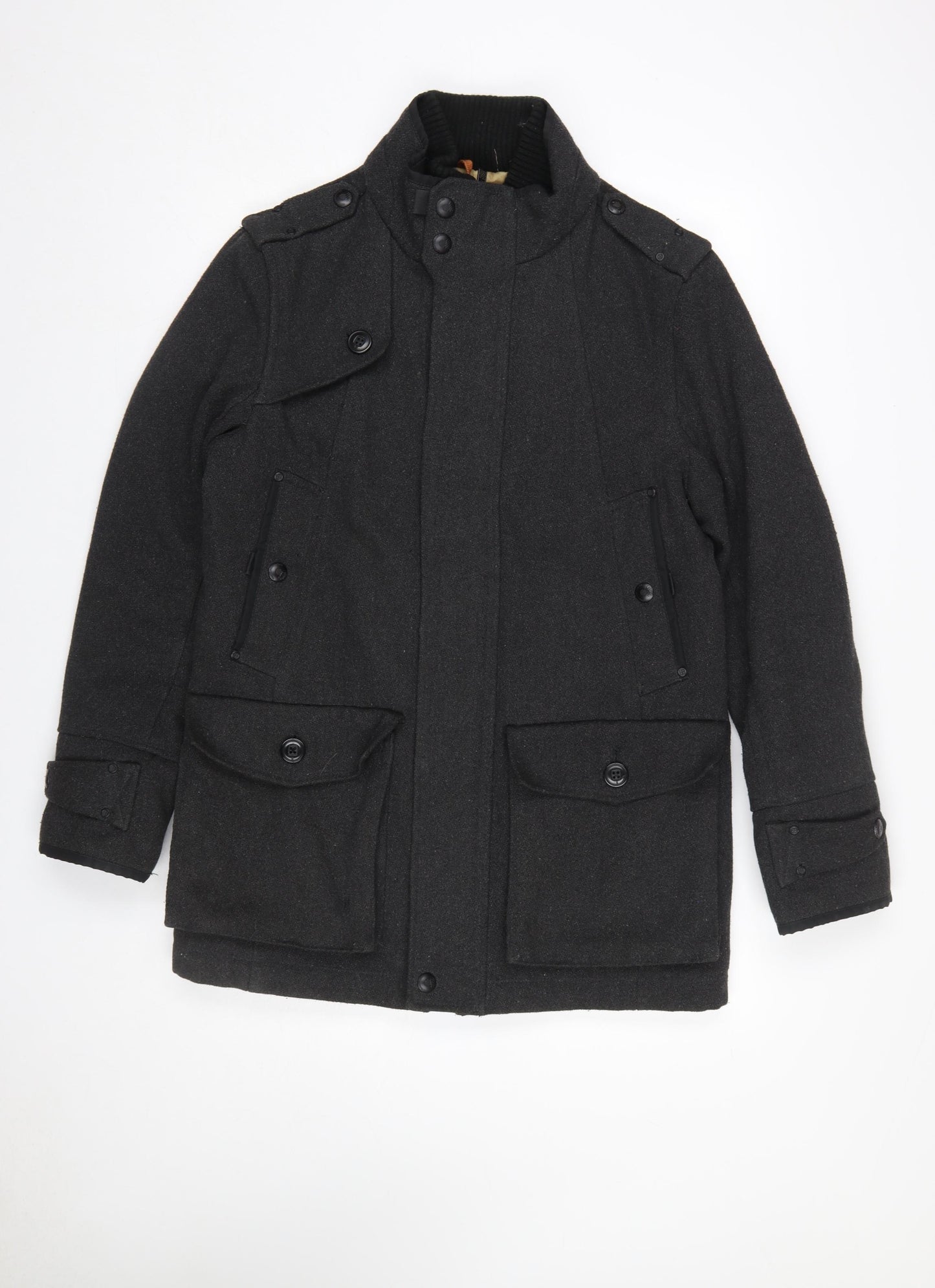 F.F.P. Men's Black Military Coat Wool Blend Size M Regular Fit