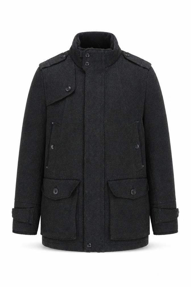 Front view of F.F.P. Men's Black Military Coat Wool Blend, size M, Regular Fit