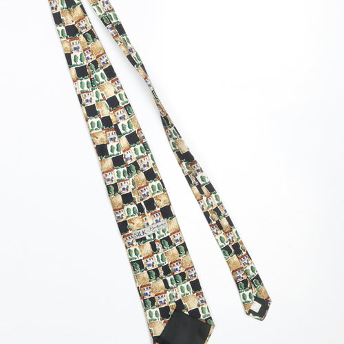 Barkerex Men’s Black Silk Designer Tie with Building Print One Size
