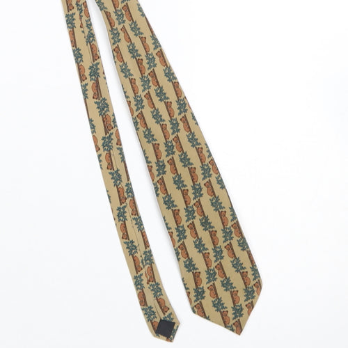 Gosun Men's Beige Silk Animal Print Tie – Bear Pattern, Hand Made, 100% Silk