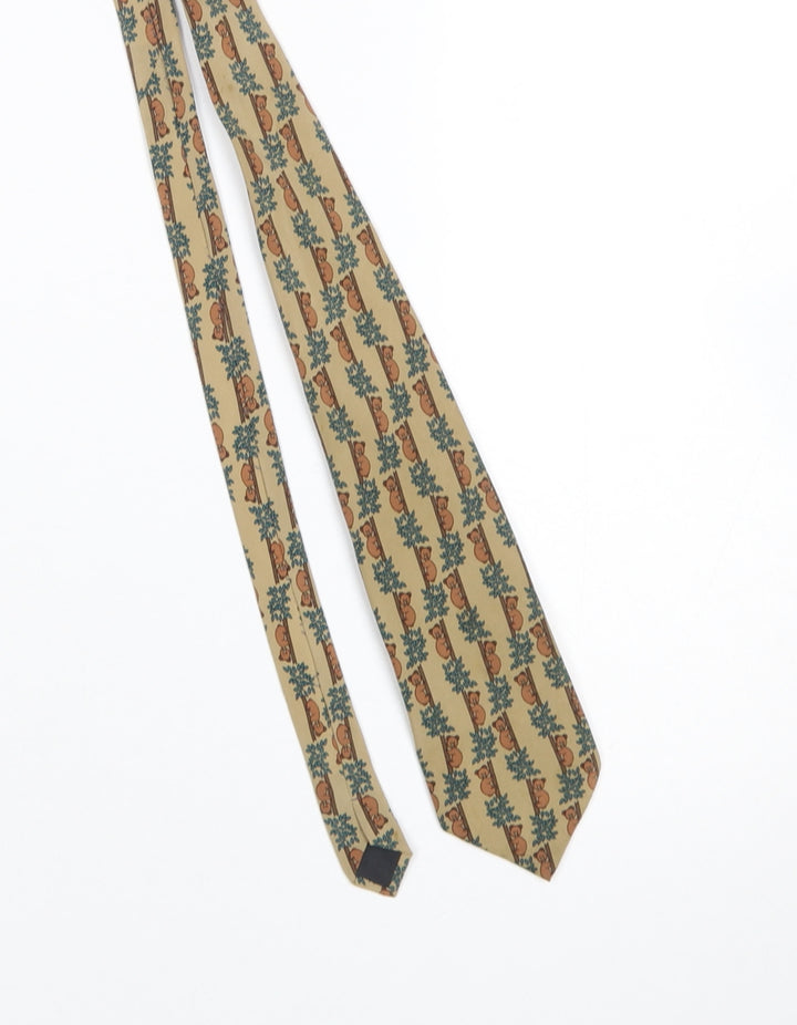 Gosun Men's Beige Silk Animal Print Tie – Bear Pattern, Hand Made, 100% Silk