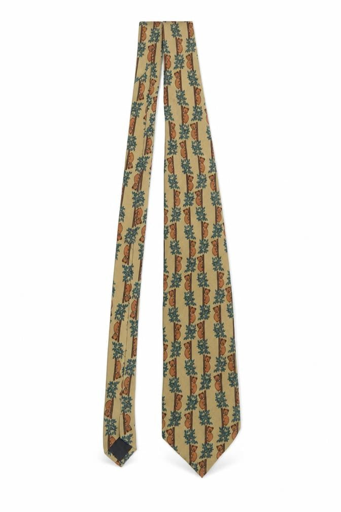 Front view of Gosun Men's Beige Silk Animal Print Tie – Bear Pattern, Hand Made, 100% Silk