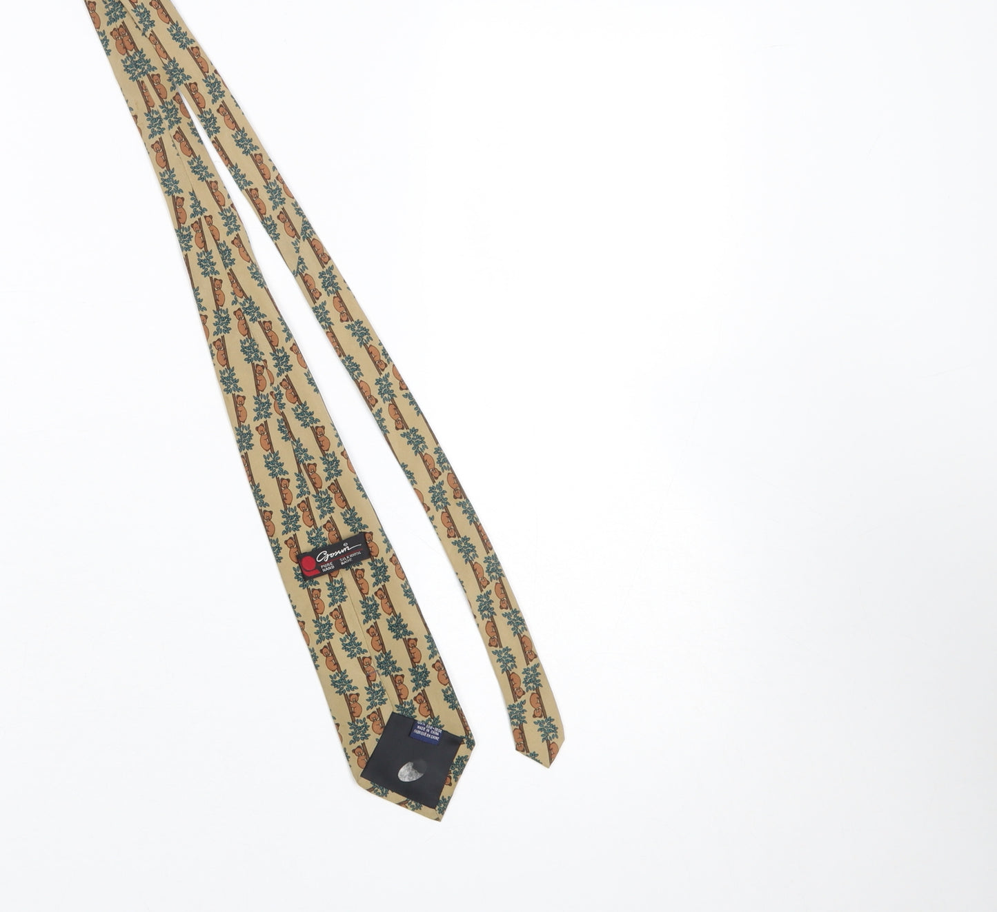 Gosun Men's Beige Silk Animal Print Tie – Bear Pattern, Hand Made, 100% Silk