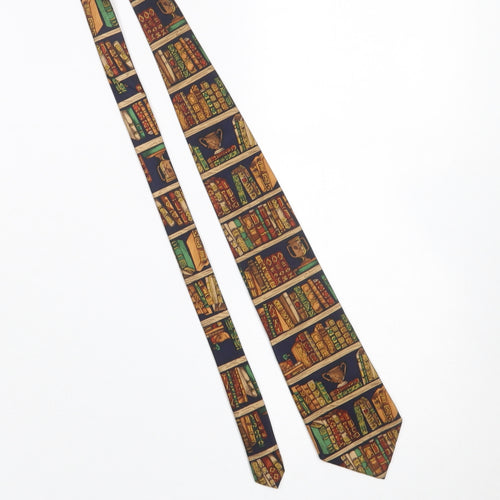 Alynn Men's Blue Beige Silk Tie Book Print Design One Size