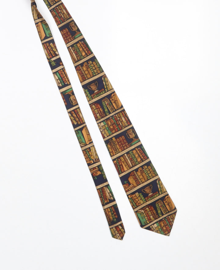 Alynn Men's Blue Beige Silk Tie Book Print Design One Size