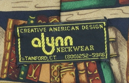 Alynn Men's Blue Beige Silk Tie Book Print Design One Size
