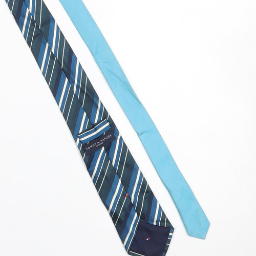 Tommy Hilfiger Men Aqua Blue Striped Silk Tie Slim Designer Made in Italy