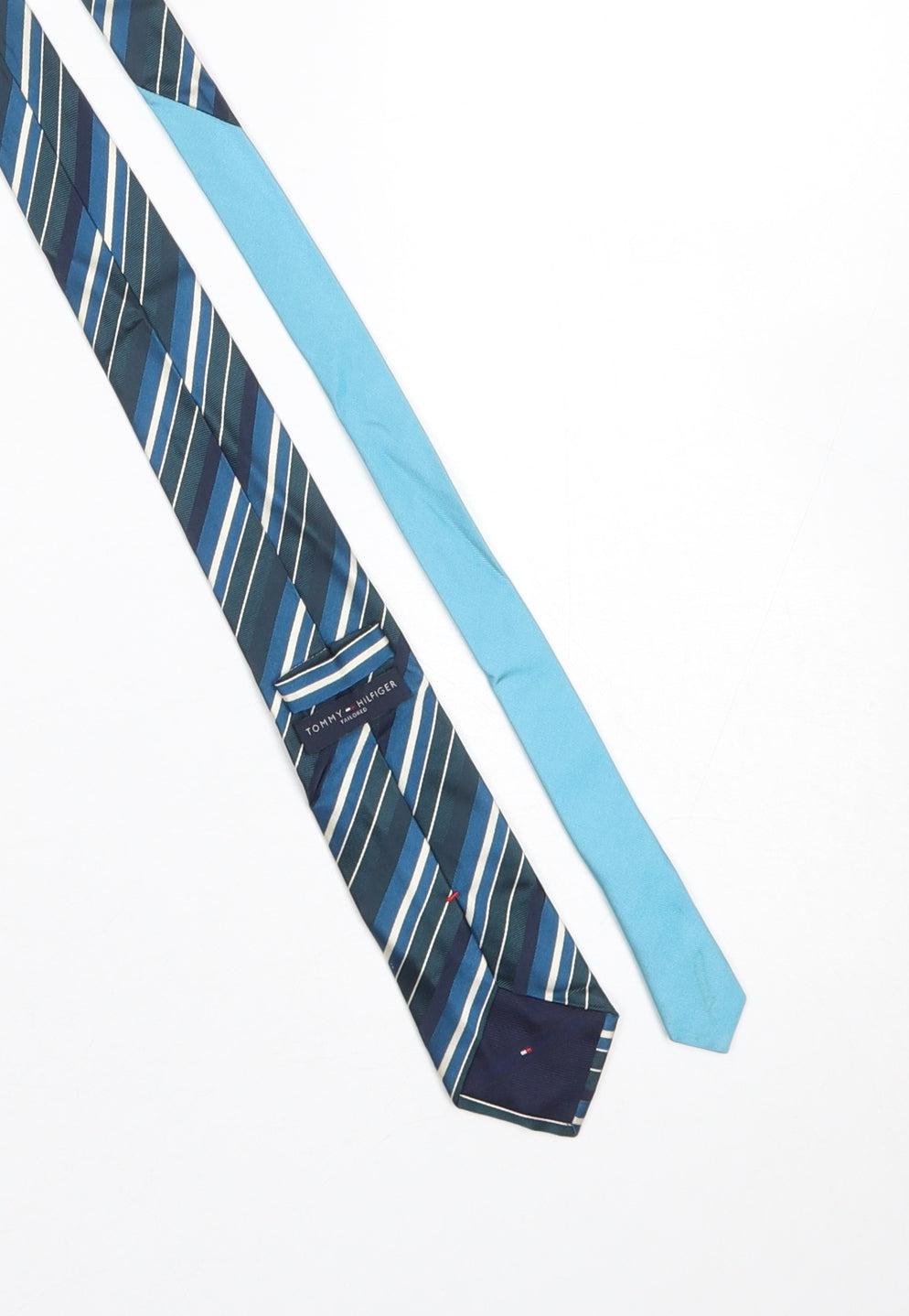 Tommy Hilfiger Men Aqua Blue Striped Silk Tie Slim Designer Made in Italy