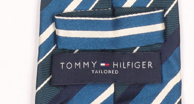 Tommy Hilfiger Men Aqua Blue Striped Silk Tie Slim Designer Made in Italy