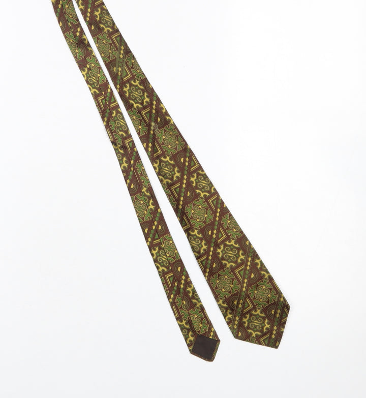 Great Wall Men Brown Green Geometric 100% Silk Tie