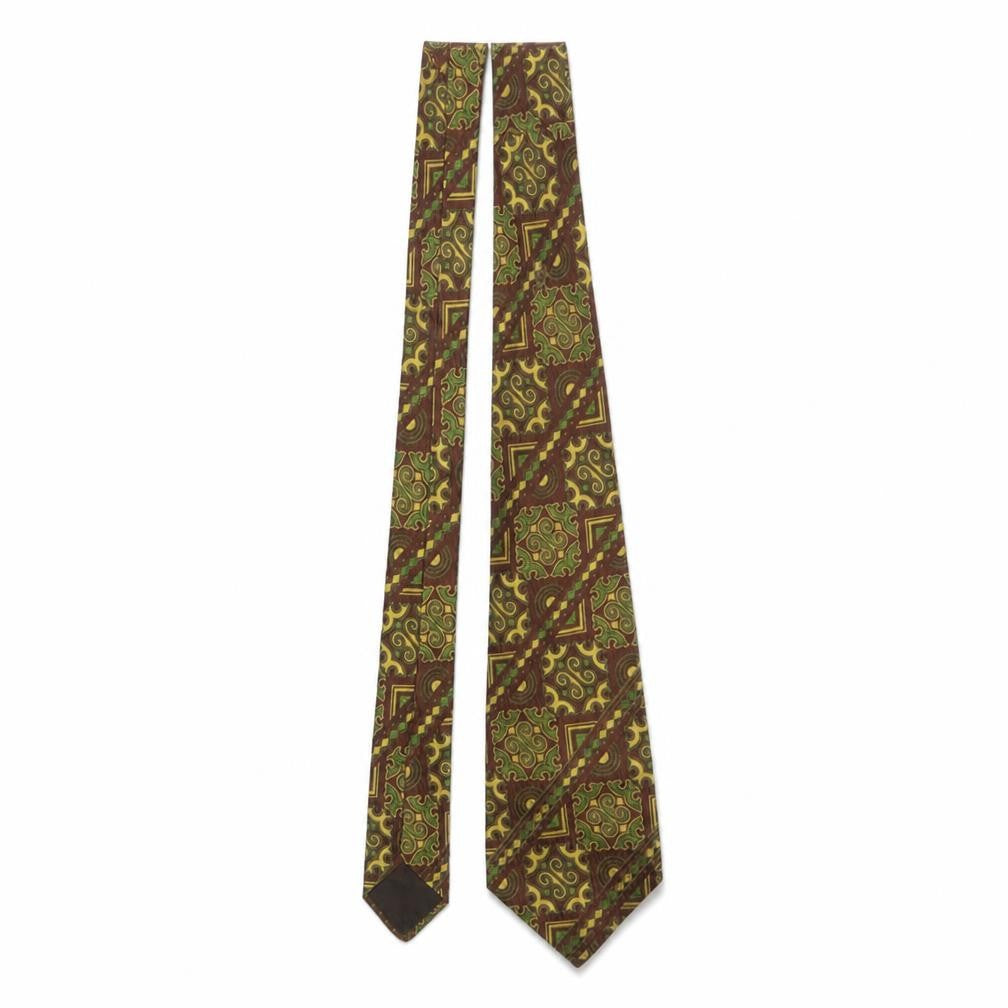 Front view of Great Wall Men Brown Green Geometric 100% Silk Tie