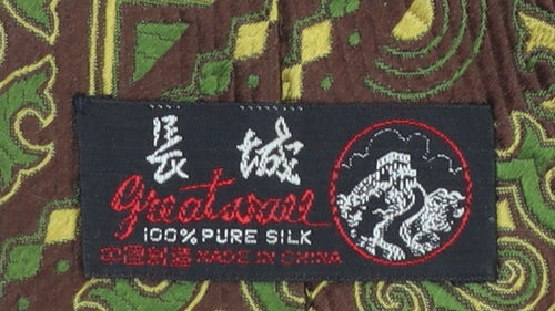 Great Wall Men Brown Green Geometric 100% Silk Tie