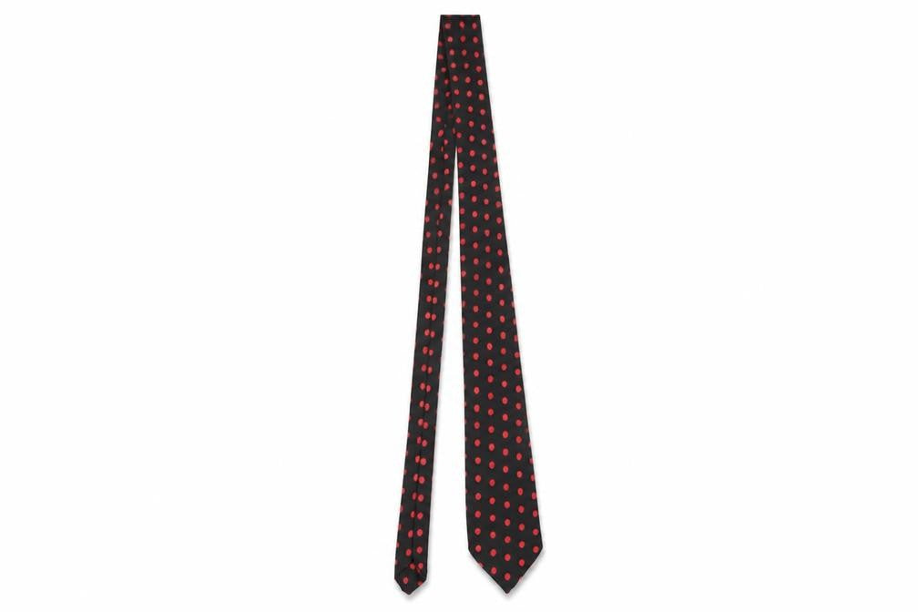 Front view of Carnaval de Paris Men's Black Red Polka Dot Pure Silk Slim Tie
