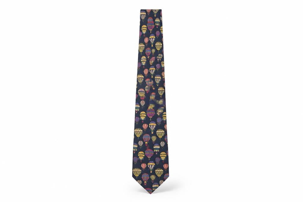 Front view of James Meade Men's Blue Hot Air Balloon Silk Tie