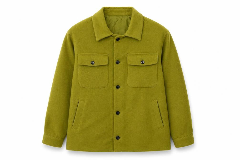 Front view of Reclaimed Vintage Men’s Green Wool Blend Button Jacket, size S