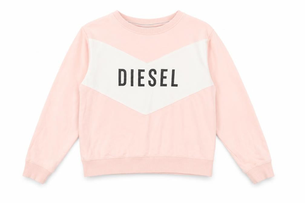 Front view of Diesel women’s pink white logo crew neck cotton sweatshirt m