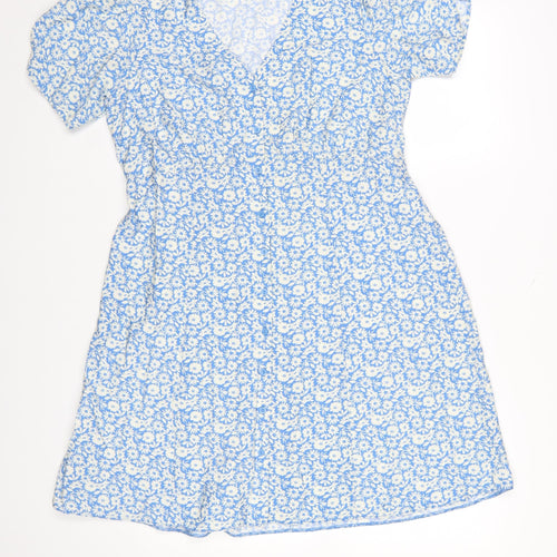 Dunnes Women Blue Floral A-Line Short Sleeve Knee Length Dress Size 14