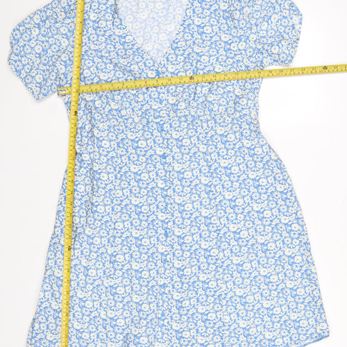 Dunnes Women Blue Floral A-Line Short Sleeve Knee Length Dress Size 14