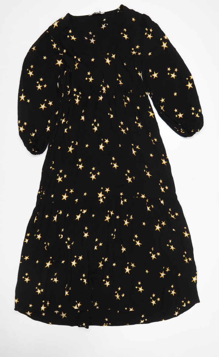 Marks and Spencer Women’s Black Star Print Midi Fit & Flare Dress Size 10