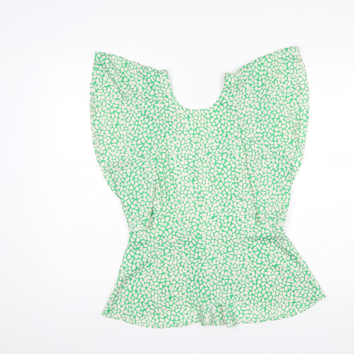 River Island Women's Green Geometric Blouse Size 12 Zip Back Flutter Sleeve