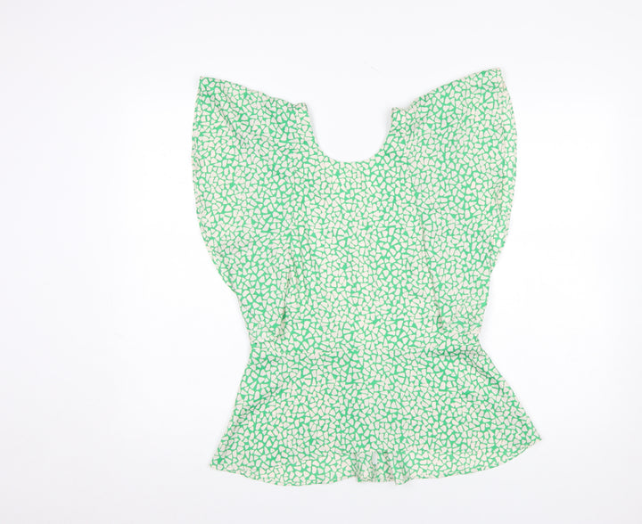 River Island Women's Green Geometric Blouse Size 12 Zip Back Flutter Sleeve