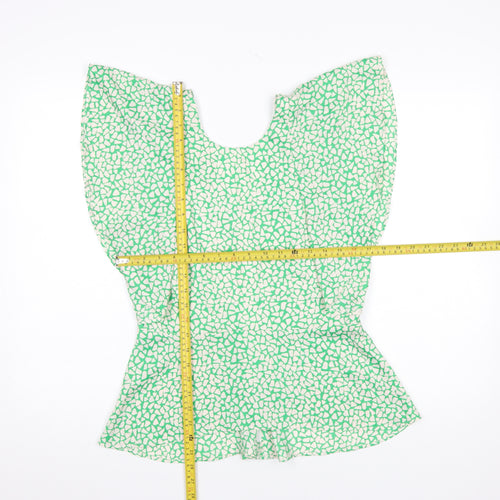 River Island Women's Green Geometric Blouse Size 12 Zip Back Flutter Sleeve