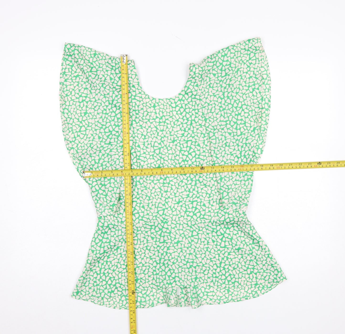 River Island Women's Green Geometric Blouse Size 12 Zip Back Flutter Sleeve