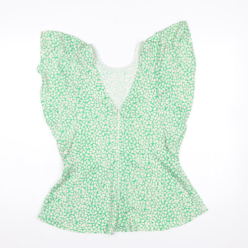 River Island Women's Green Geometric Blouse Size 12 Zip Back Flutter Sleeve