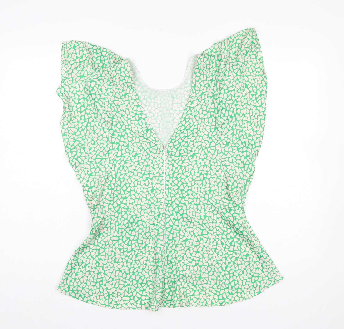 River Island Women's Green Geometric Blouse Size 12 Zip Back Flutter Sleeve