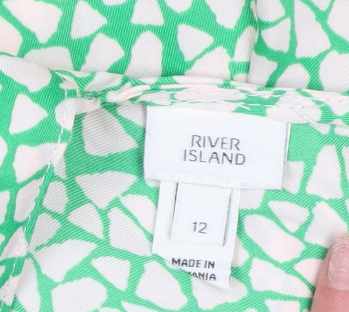 River Island Women's Green Geometric Blouse Size 12 Zip Back Flutter Sleeve