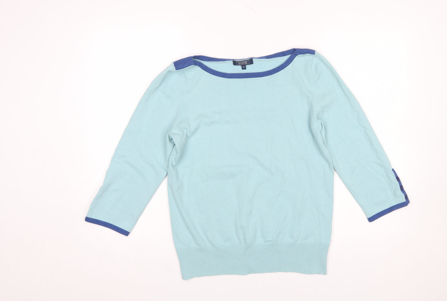 Maine New England Women's Blue Cotton Blend 3/4 Sleeve Jumper Size 12