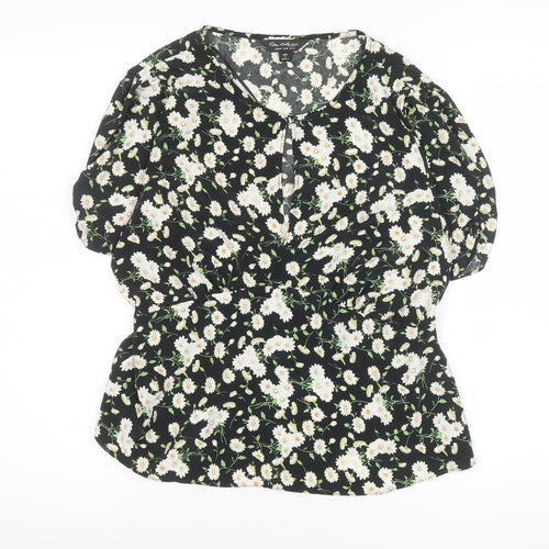 Miss Selfridge Womens Black Floral Blouse UK14 V-Neck Puff Sleeve Tunic