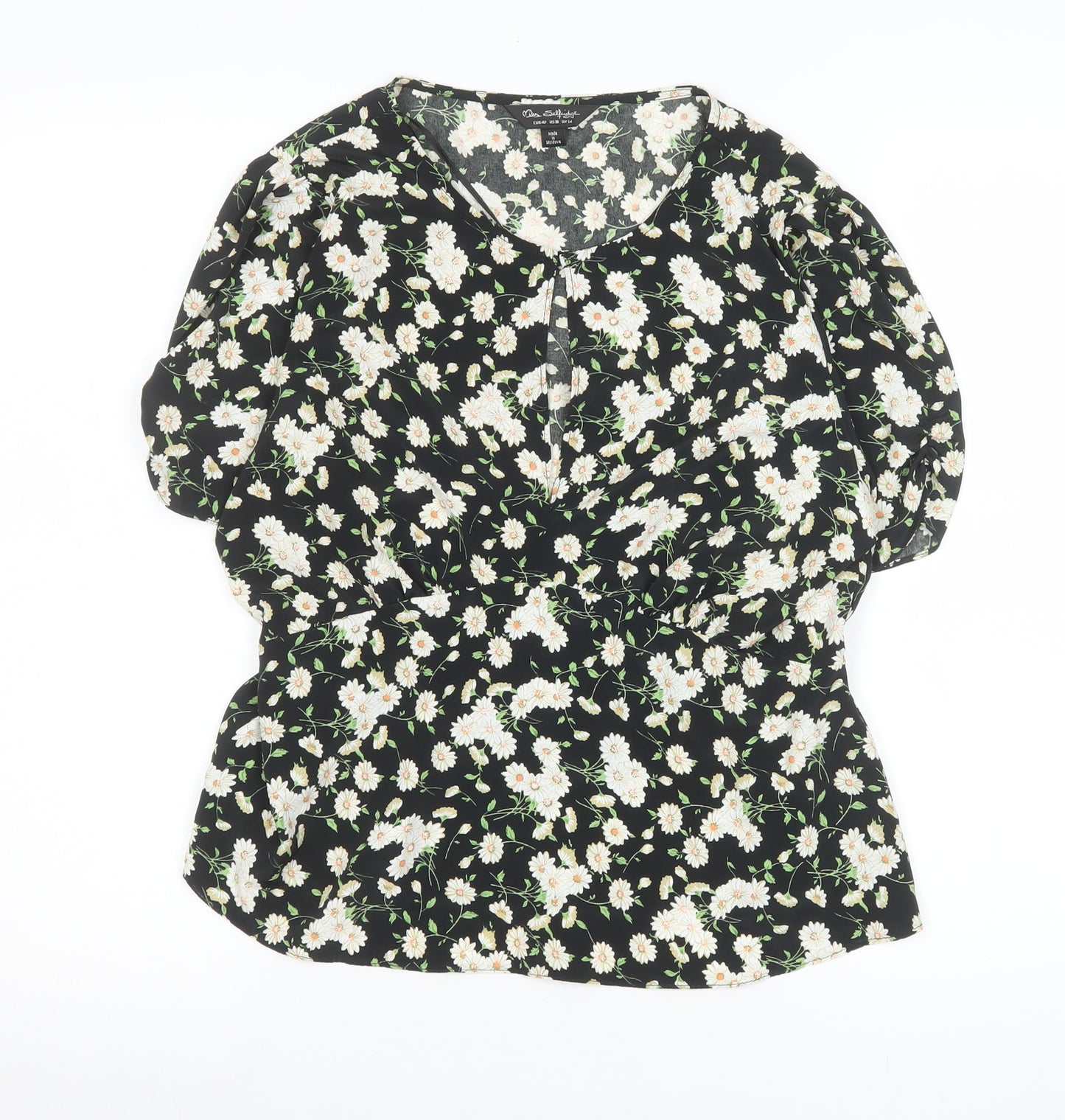 Miss Selfridge Womens Black Floral Blouse UK14 V-Neck Puff Sleeve Tunic