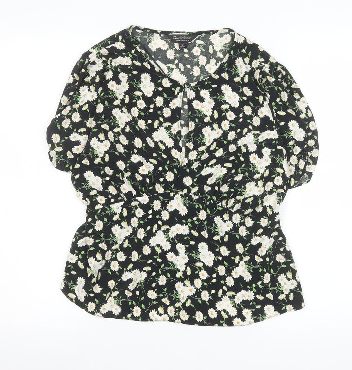 Miss Selfridge Womens Black Floral Blouse UK14 V-Neck Puff Sleeve Tunic