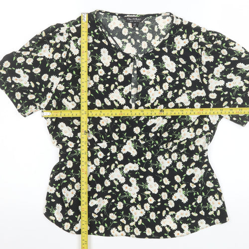 Miss Selfridge Womens Black Floral Blouse UK14 V-Neck Puff Sleeve Tunic