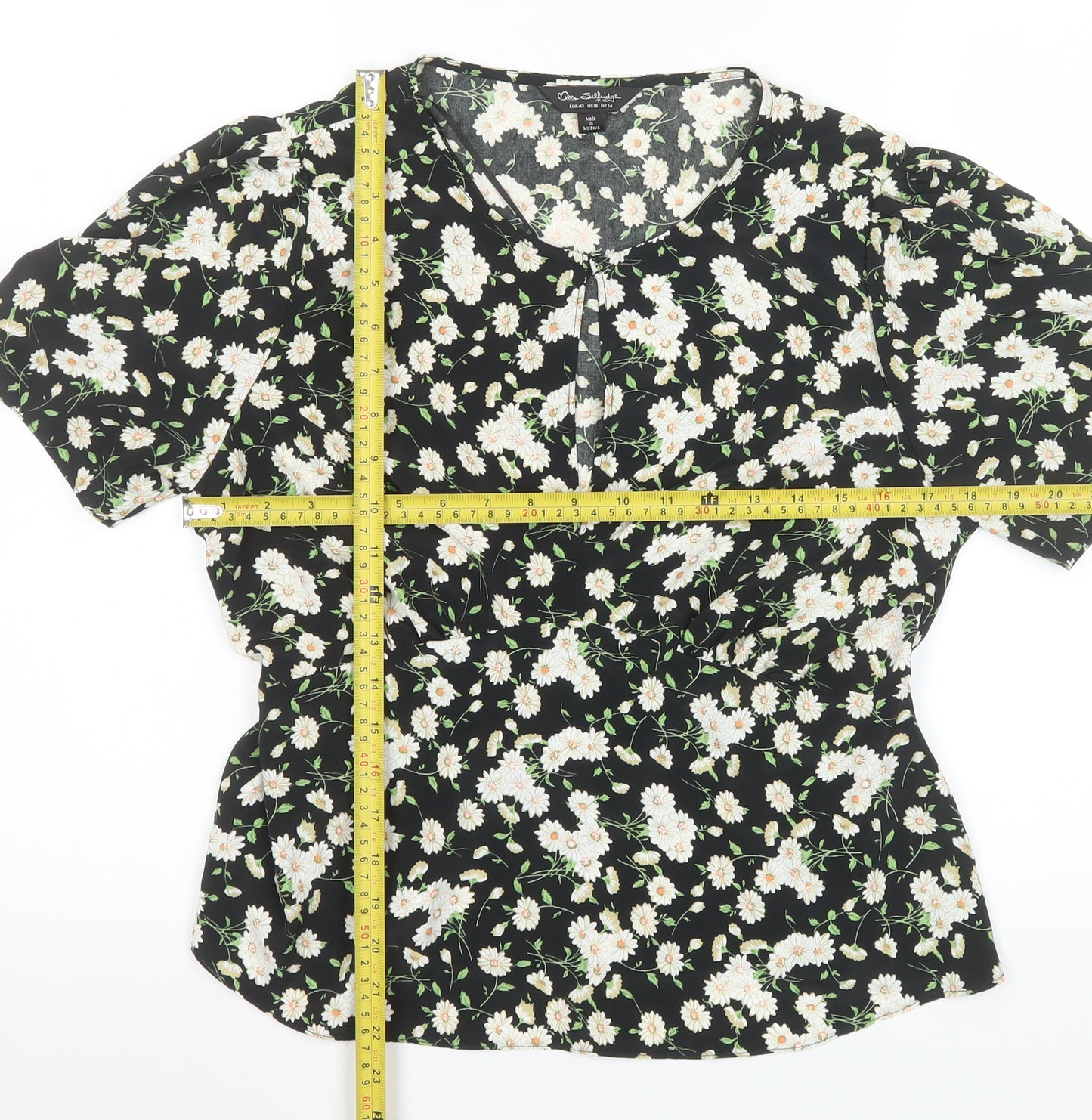 Miss Selfridge Womens Black Floral Blouse UK14 V-Neck Puff Sleeve Tunic