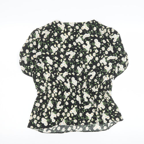 Miss Selfridge Womens Black Floral Blouse UK14 V-Neck Puff Sleeve Tunic