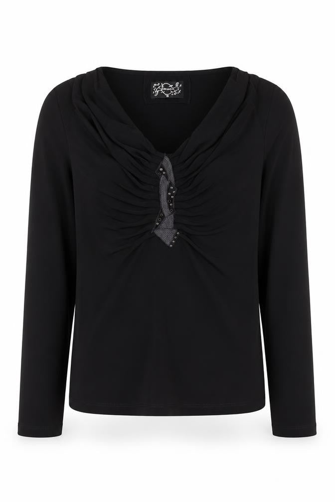 Front view of L. Campione Women's Black Long Sleeve V-Neck Blouse, size 10