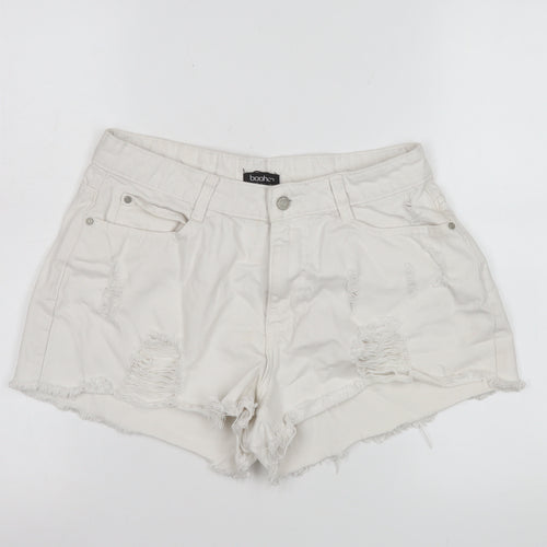 Boohoo Women White Cut-Off Denim Shorts Size 8 Distressed Frayed Hem