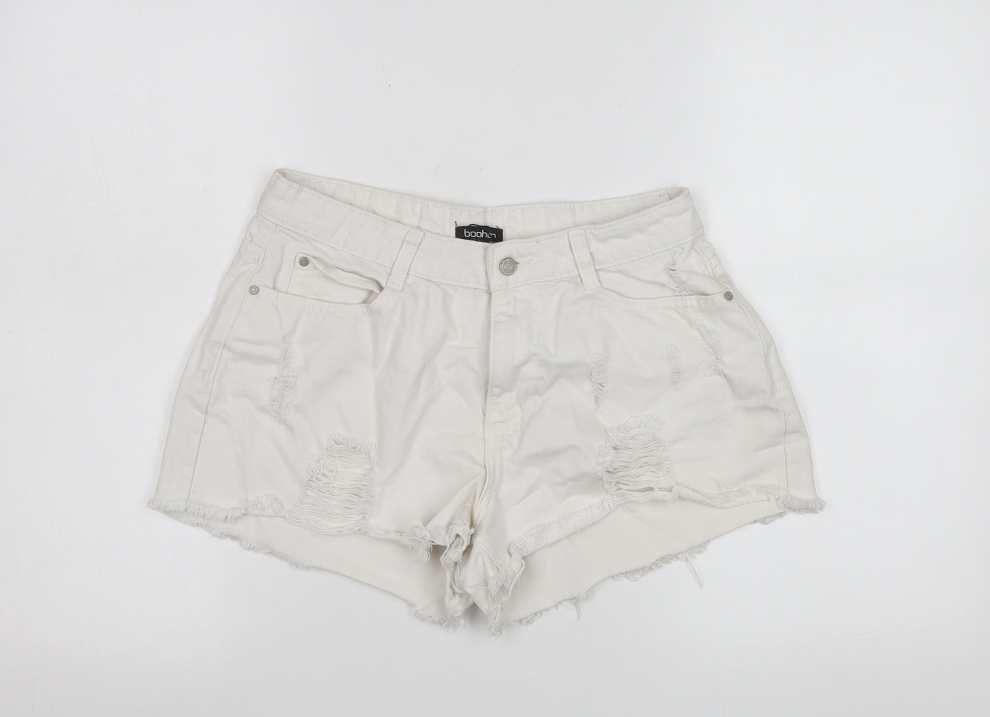 Boohoo Women White Cut-Off Denim Shorts Size 8 Distressed Frayed Hem
