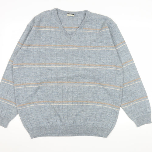Dunnes Stores Men's Grey Striped V-Neck Wool Blend Jumper Size L