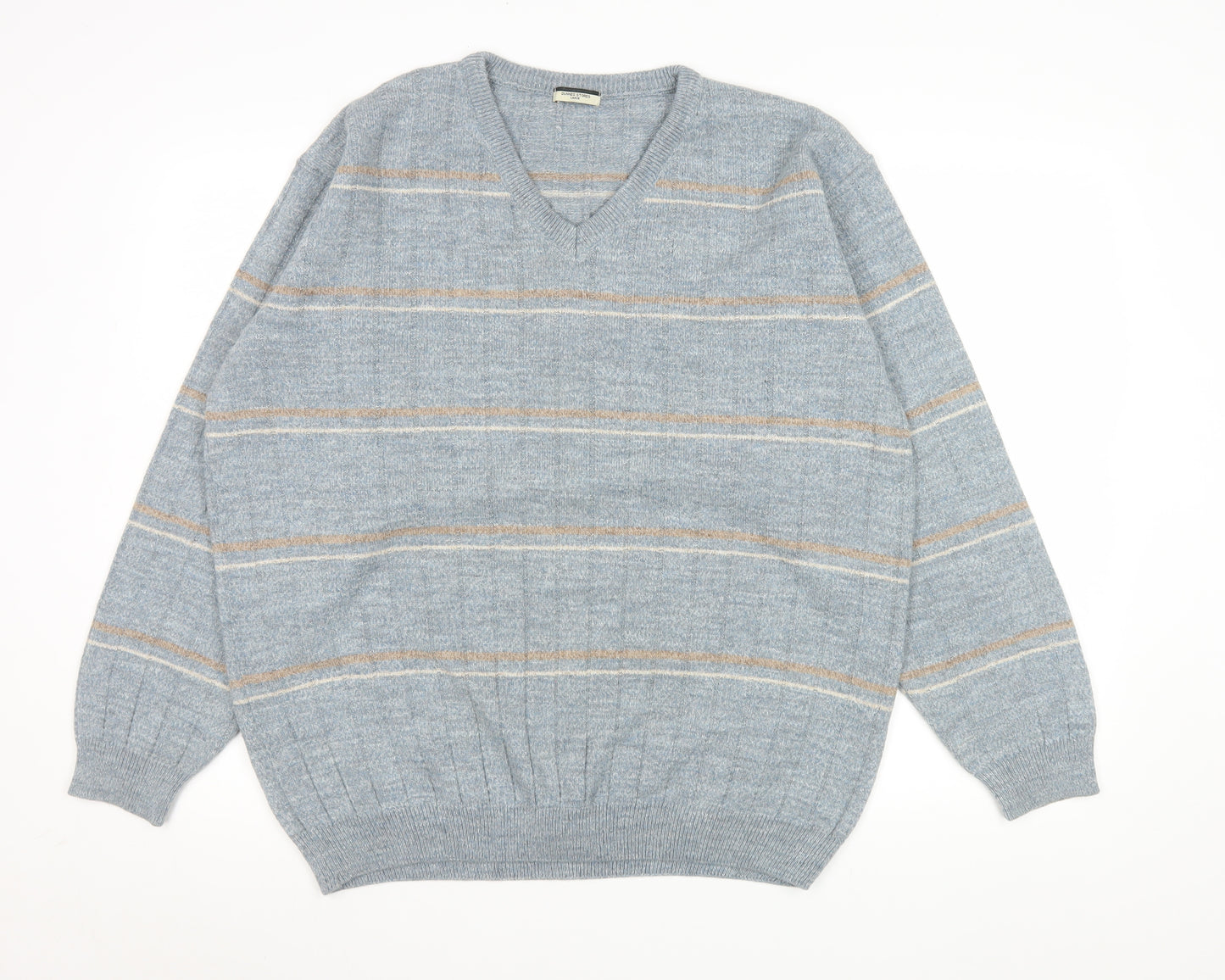 Dunnes Stores Men's Grey Striped V-Neck Wool Blend Jumper Size L