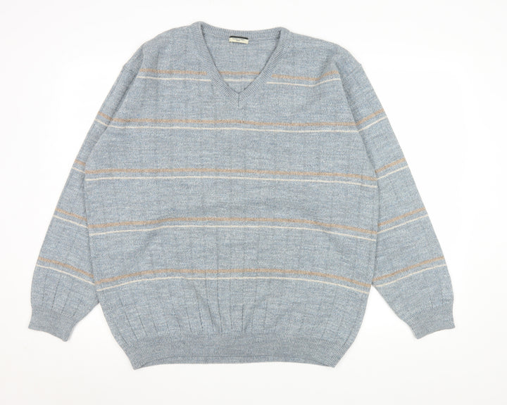 Dunnes Stores Men's Grey Striped V-Neck Wool Blend Jumper Size L