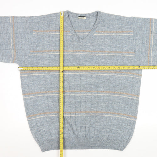 Dunnes Stores Men's Grey Striped V-Neck Wool Blend Jumper Size L