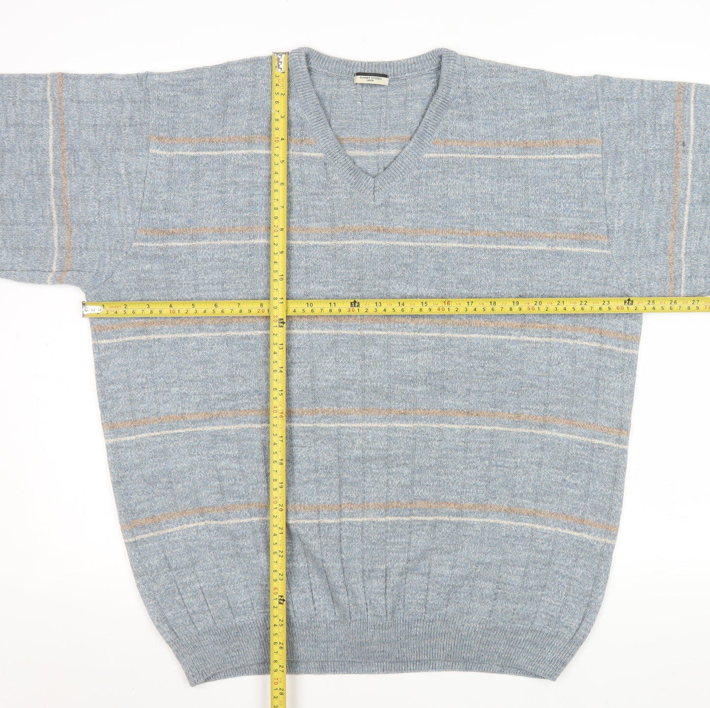 Dunnes Stores Men's Grey Striped V-Neck Wool Blend Jumper Size L