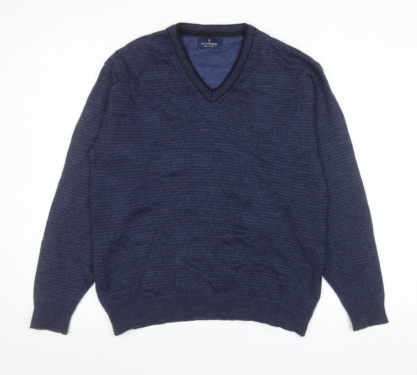Kellerman Men Blue V-Neck Wool Blend Pullover Jumper Size L