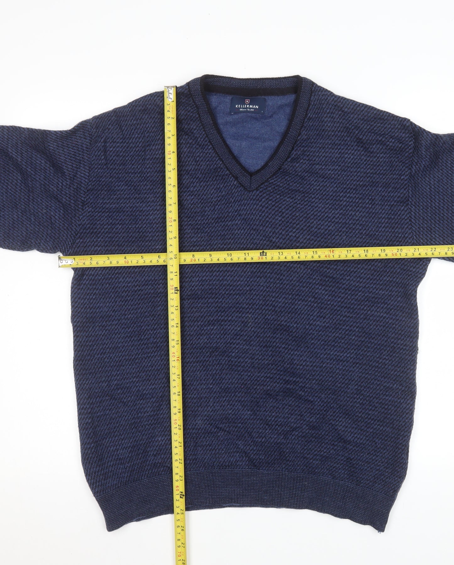 Kellerman Men Blue V-Neck Wool Blend Pullover Jumper Size L