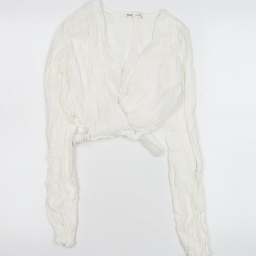 Pull & Bear Women White Wrap Blouse XS Long Sleeve Viscose Cotton